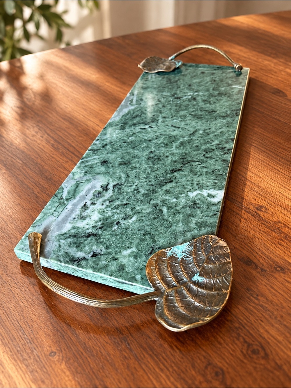 Vintage Michael Aram Green Marble & Brass Leaf Serving Board